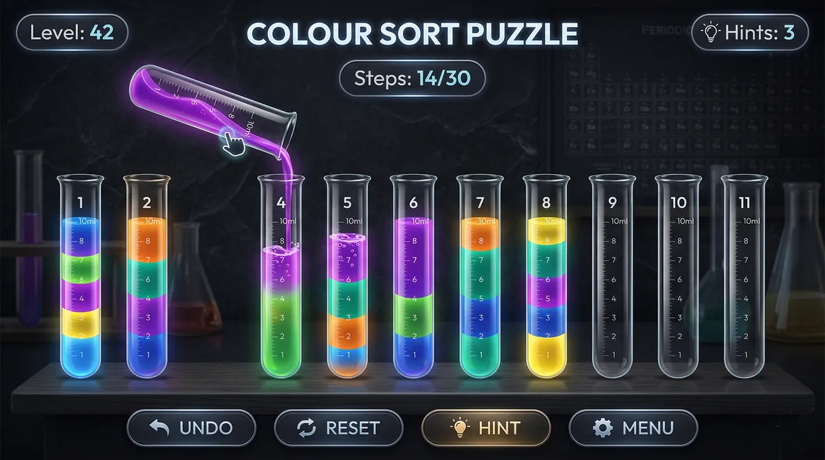 Colourful test tubes filled with layered liquids in a puzzle game interface, DC Mix color sorting game for Engro Foods Olper's