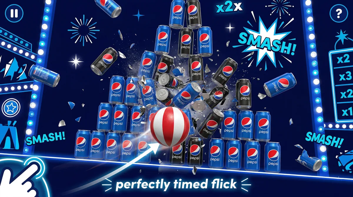 Stacked cans being knocked down by a ball in a fairground-style mobile game, DC Strike flick game for PepsiCo