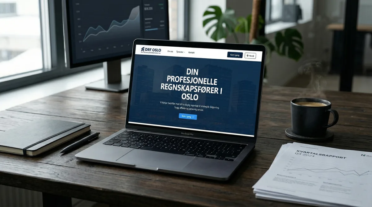 Clean professional accounting firm website displayed on a laptop, DRF Oslo corporate web presence case study